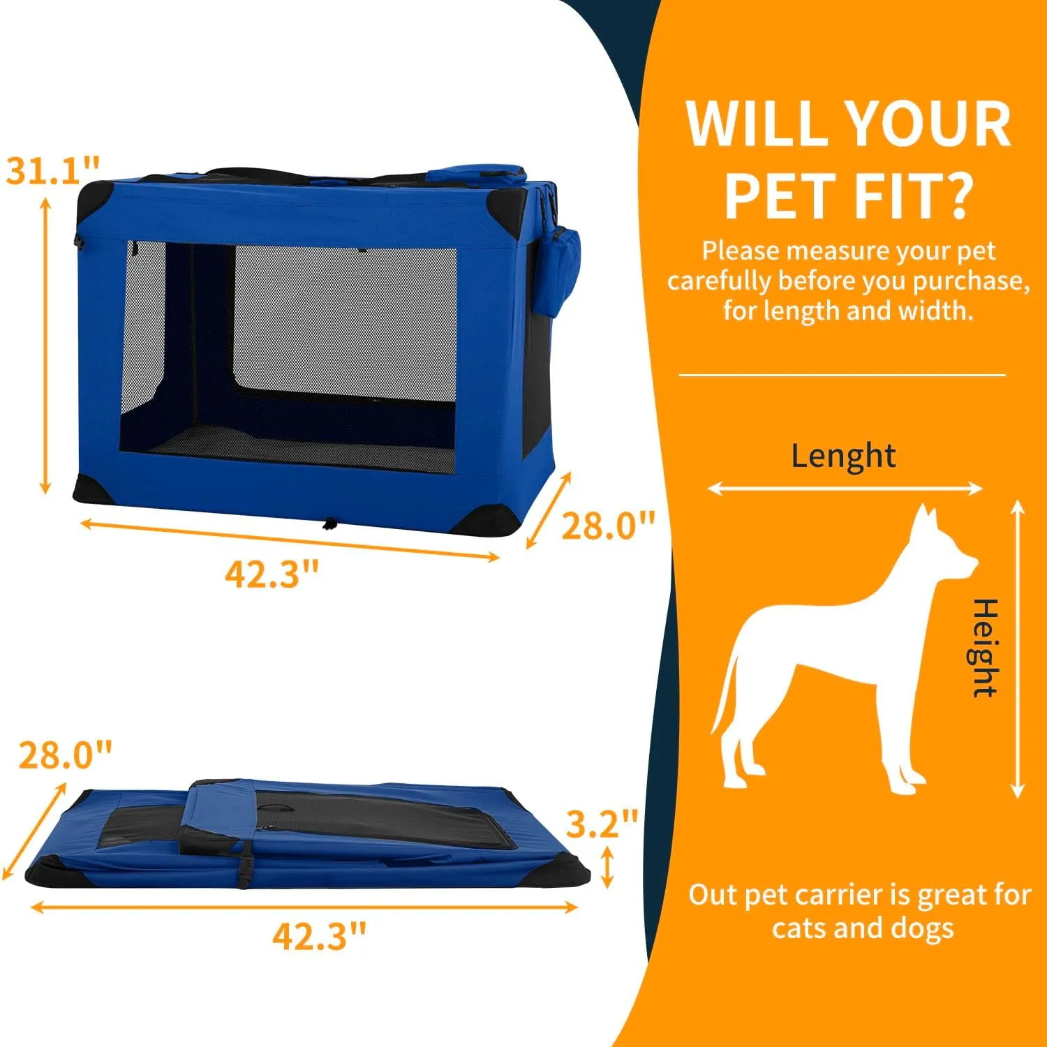 24/36/42 Inch Extra Large Portable Pet Carrier,Foldable XL Dog Cat Crate,Cat Dog Kennels Indoor,Collapsible Travel Soft Sided Cat Dog Cage,Dog Cat Carrier Large,42.3" L28" W 31.1" H,Blue