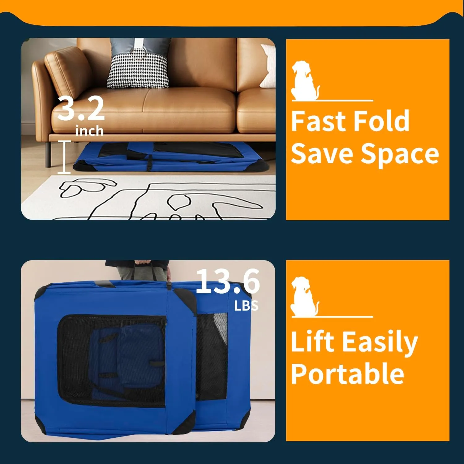 24/36/42 Inch Extra Large Portable Pet Carrier,Foldable XL Dog Cat Crate,Cat Dog Kennels Indoor,Collapsible Travel Soft Sided Cat Dog Cage,Dog Cat Carrier Large,42.3" L28" W 31.1" H,Blue