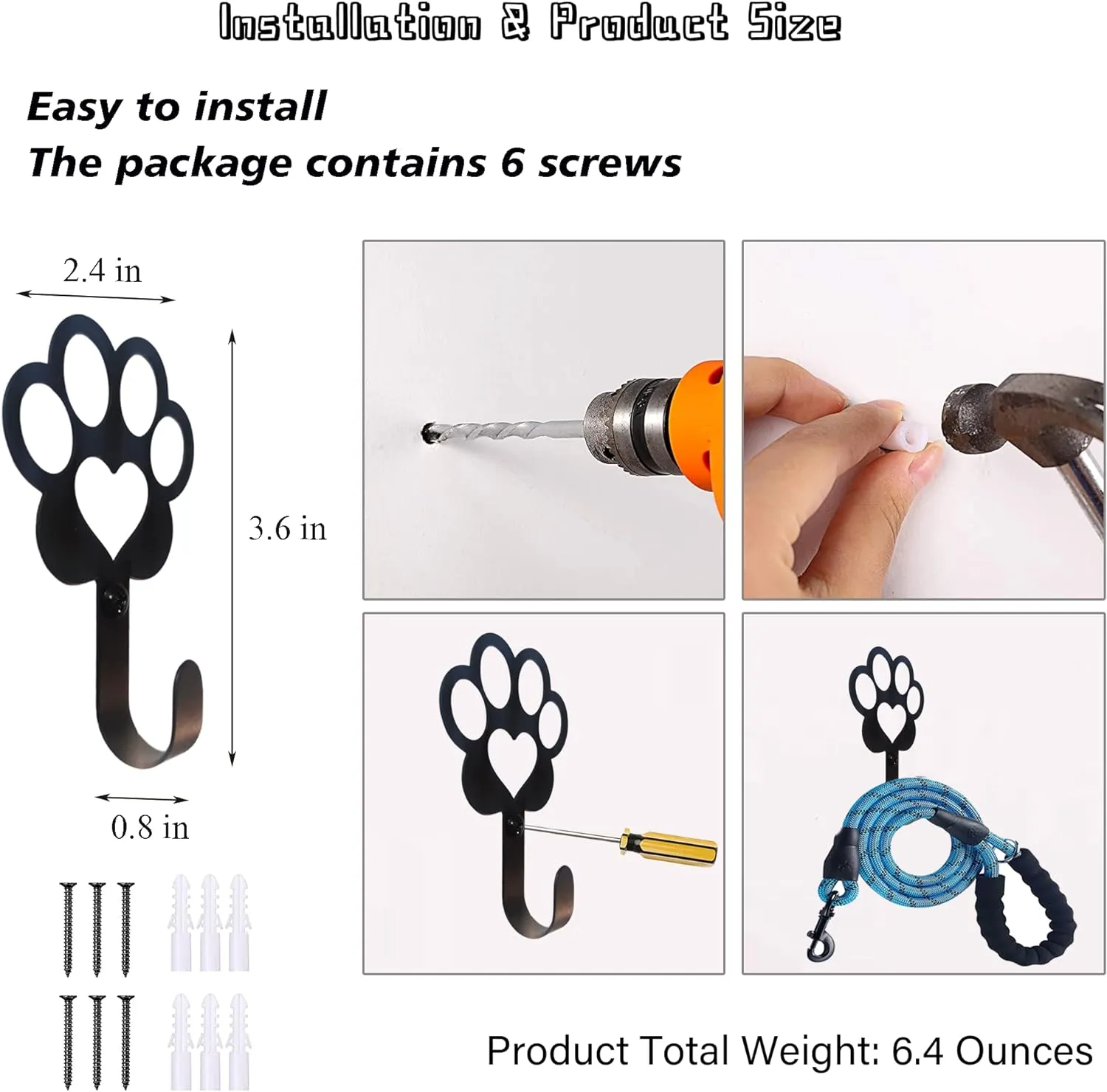 6 PCS Dog Paw Shaped Dog Leash Hook for Wall