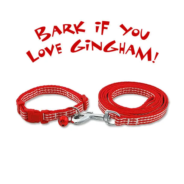 Adjustable Red Gingham Ribbon Pet Dog Collar & Leash Set