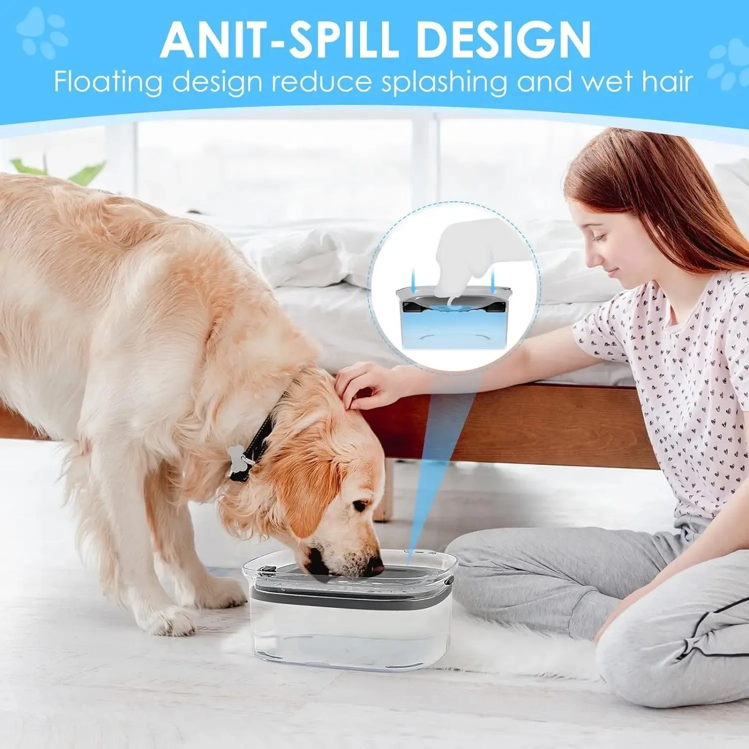 Anti-Splash Pet Water Bowl with 2L Capacity, No Mess Dispenser