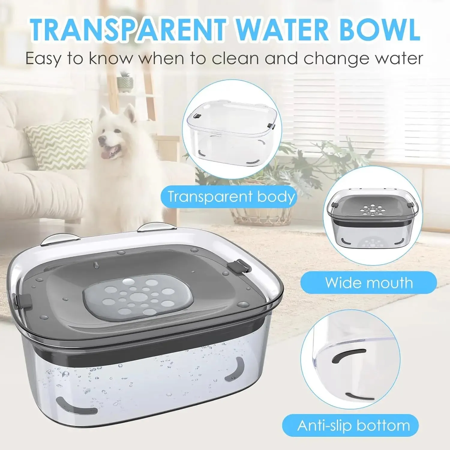 Anti-Splash Pet Water Bowl with 2L Capacity, No Mess Dispenser