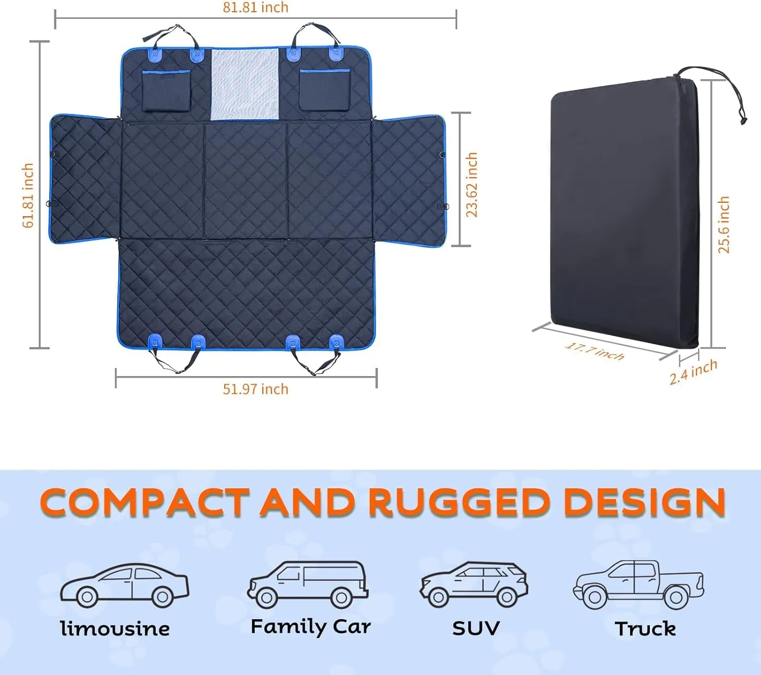 Back Seat Extender for Dogs,Hard Bottom Dog Car Seat Cover for Back Seat Bed,Anti-Scratch Dog Hammock for Car Travel,Backseat Portable Car Camping Pad for SUV Truck (Blue)