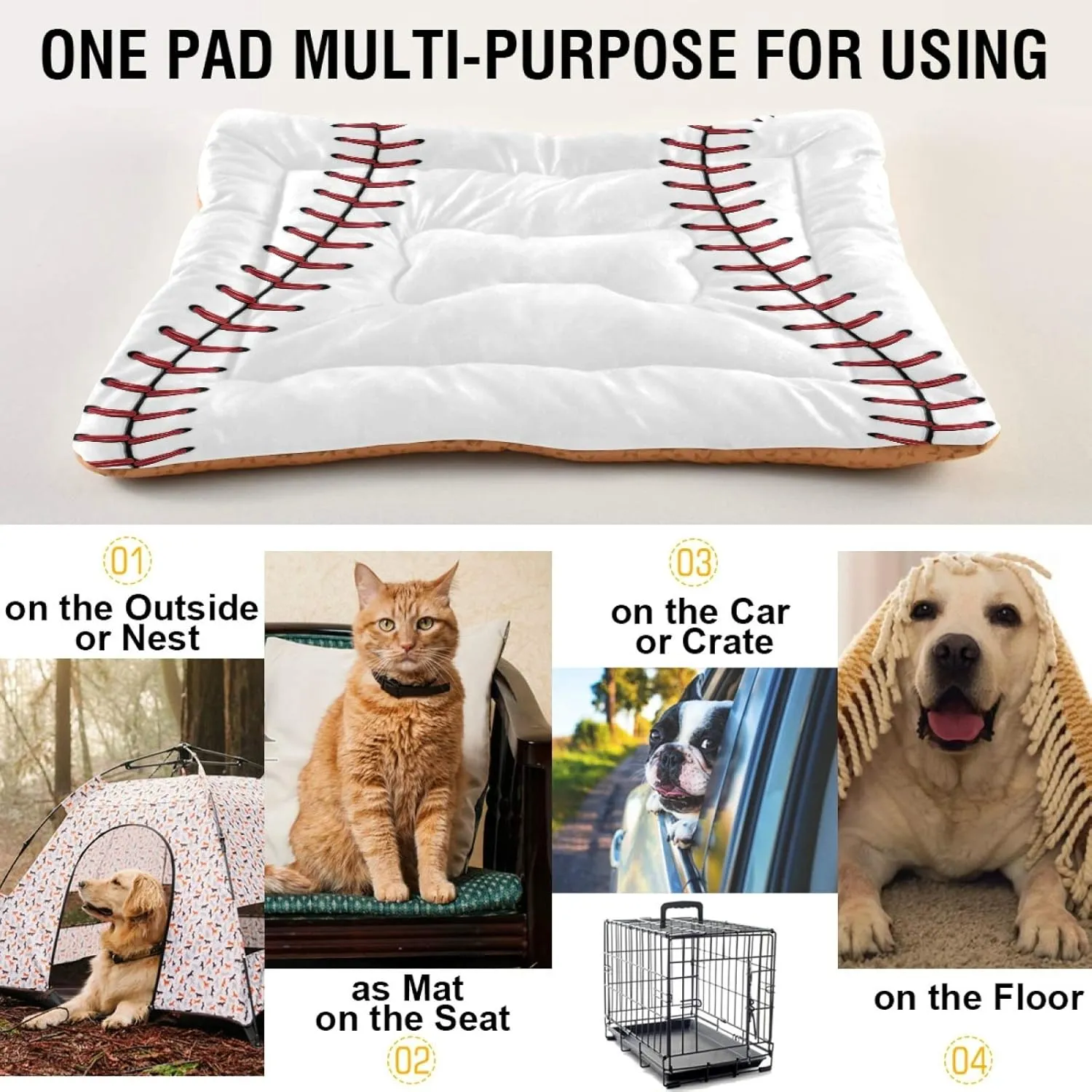 Baseball Red Lace Dog and Cat Bed, Rectangle Comfortable Pet Bed, Ultra Soft Calming for Small Medium Large Dogs, 36" x 24"