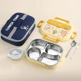 Bento Box for Kids/Adults, 304 Stainless Steel insulated 4 Compartments lunch box with Soup Bowl, Thermal Bag, Spoon and Fork, Leak-Proof, Microwavable, 5 Colors (Yellow)