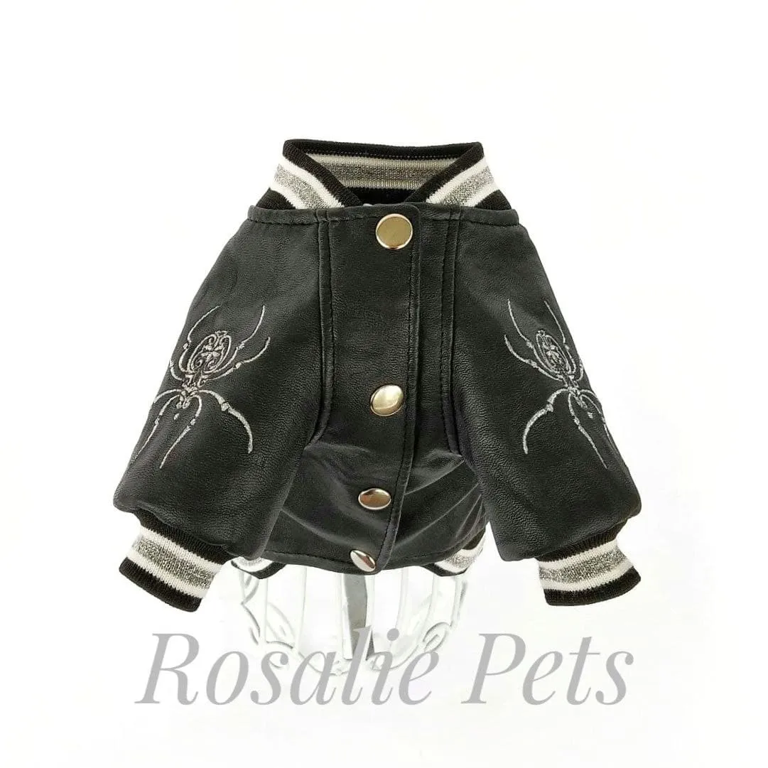 Black leather dog jacket with skull embroidery