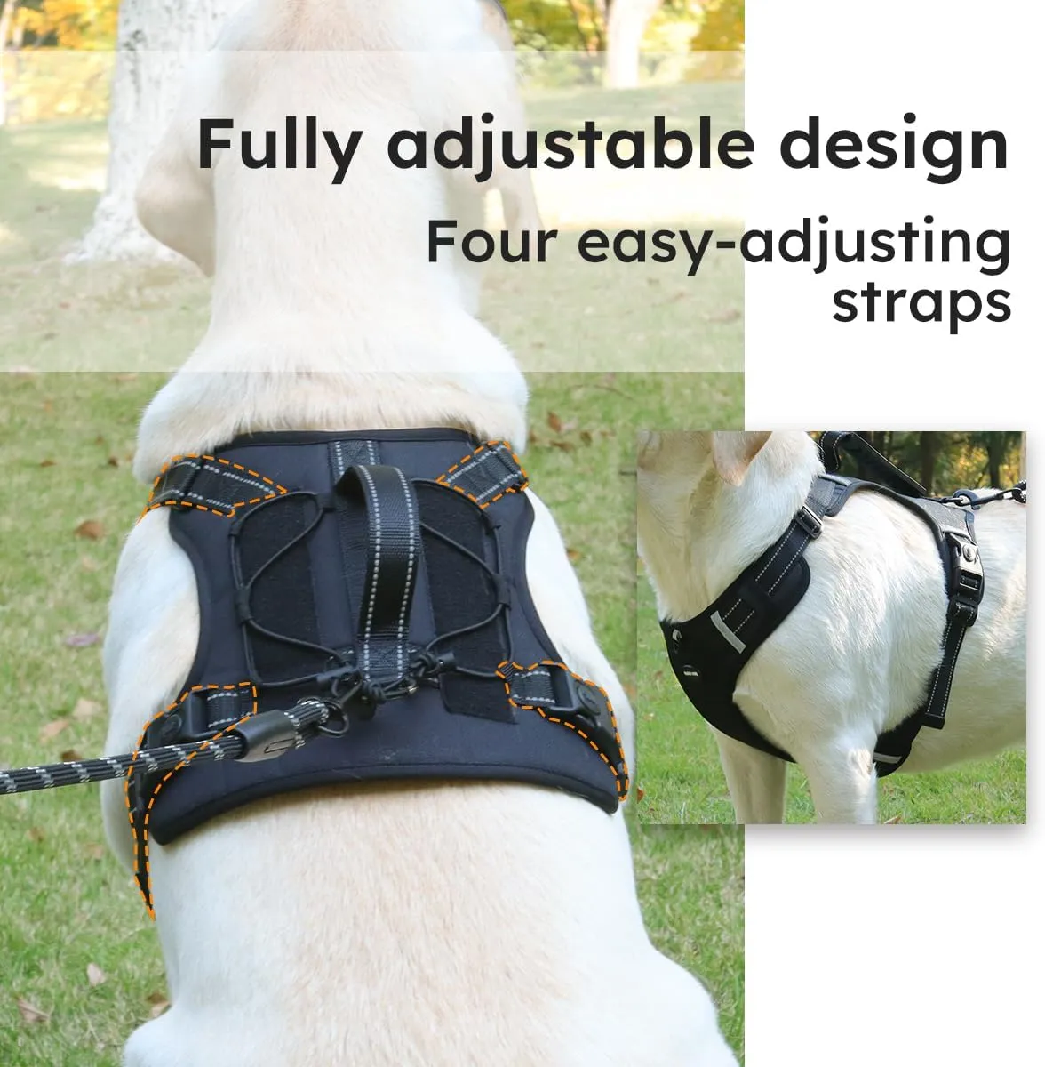 Breathable mesh Dog Harness No Pull and Leash Set Adjustable Pet Harness with Soft Padded Vertical Handle for Lifting Reflective No-Choke Dog Vest 2 Leash Hooks Escape Proof (Black, L)