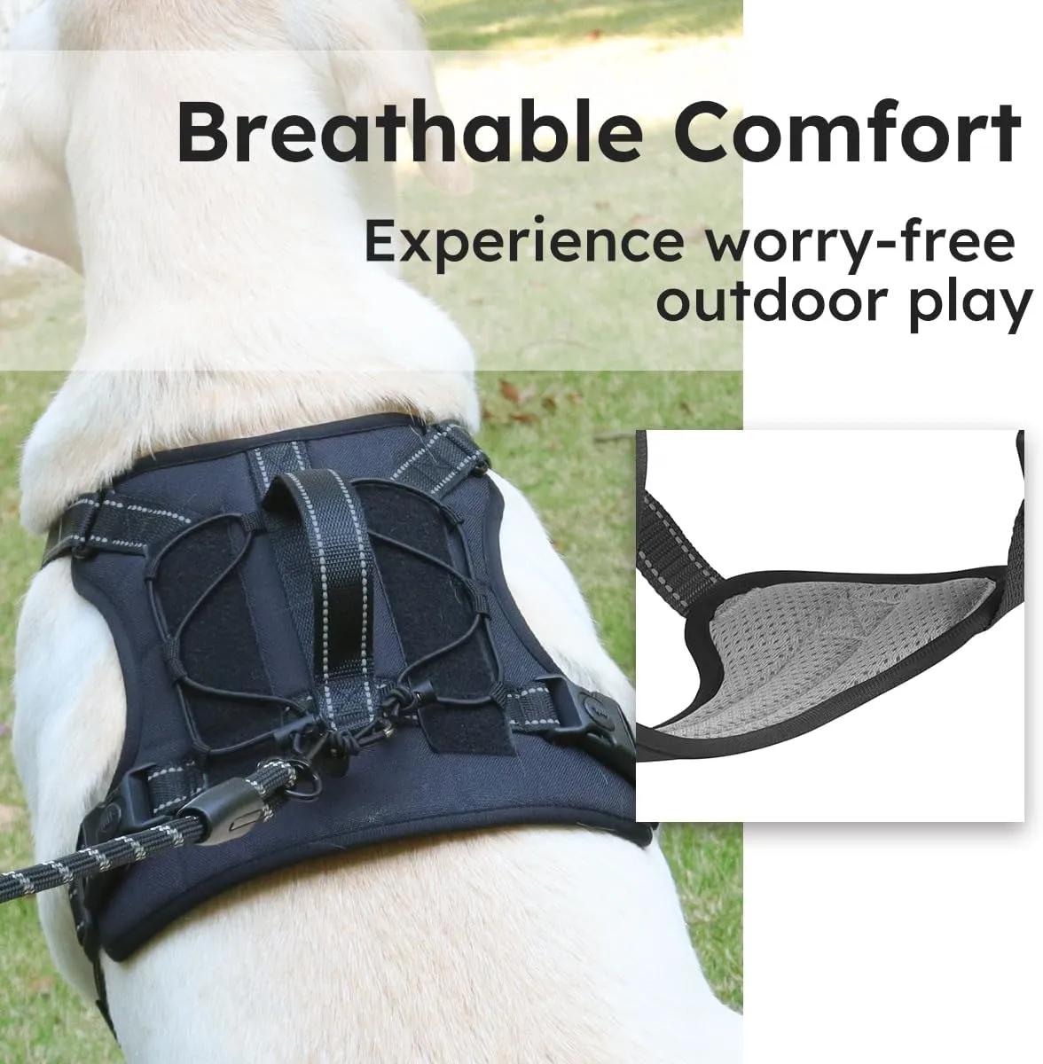 Breathable mesh Dog Harness No Pull and Leash Set Adjustable Pet Harness with Soft Padded Vertical Handle for Lifting Reflective No-Choke Dog Vest 2 Leash Hooks Escape Proof (Black, L)