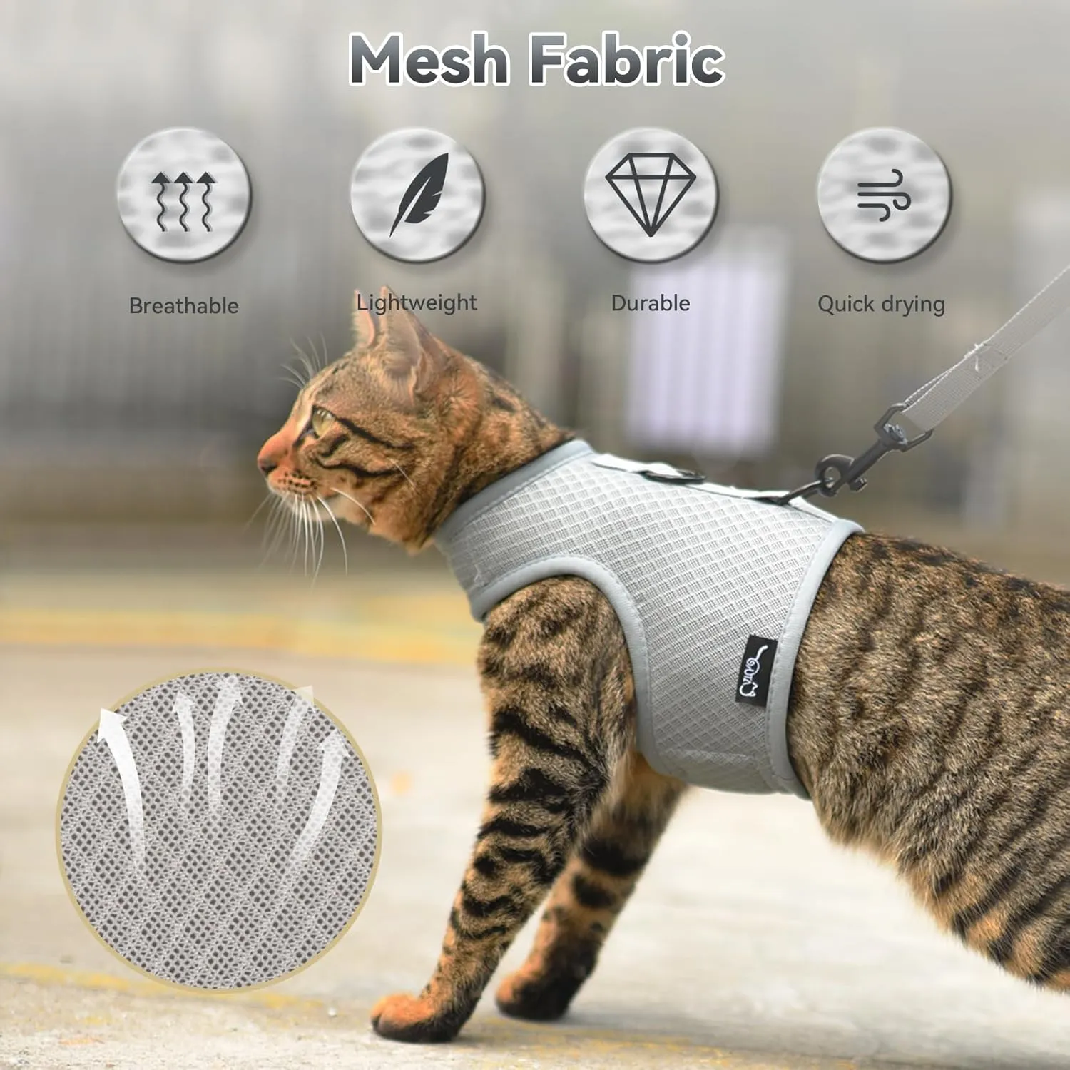 Cat Harness and Leash for Walking Escape Proof Breathable Mesh Fabric, Solid Grey, Large, Adjustable Cat Walking Jackets, Padded Stylish Cat Vest
