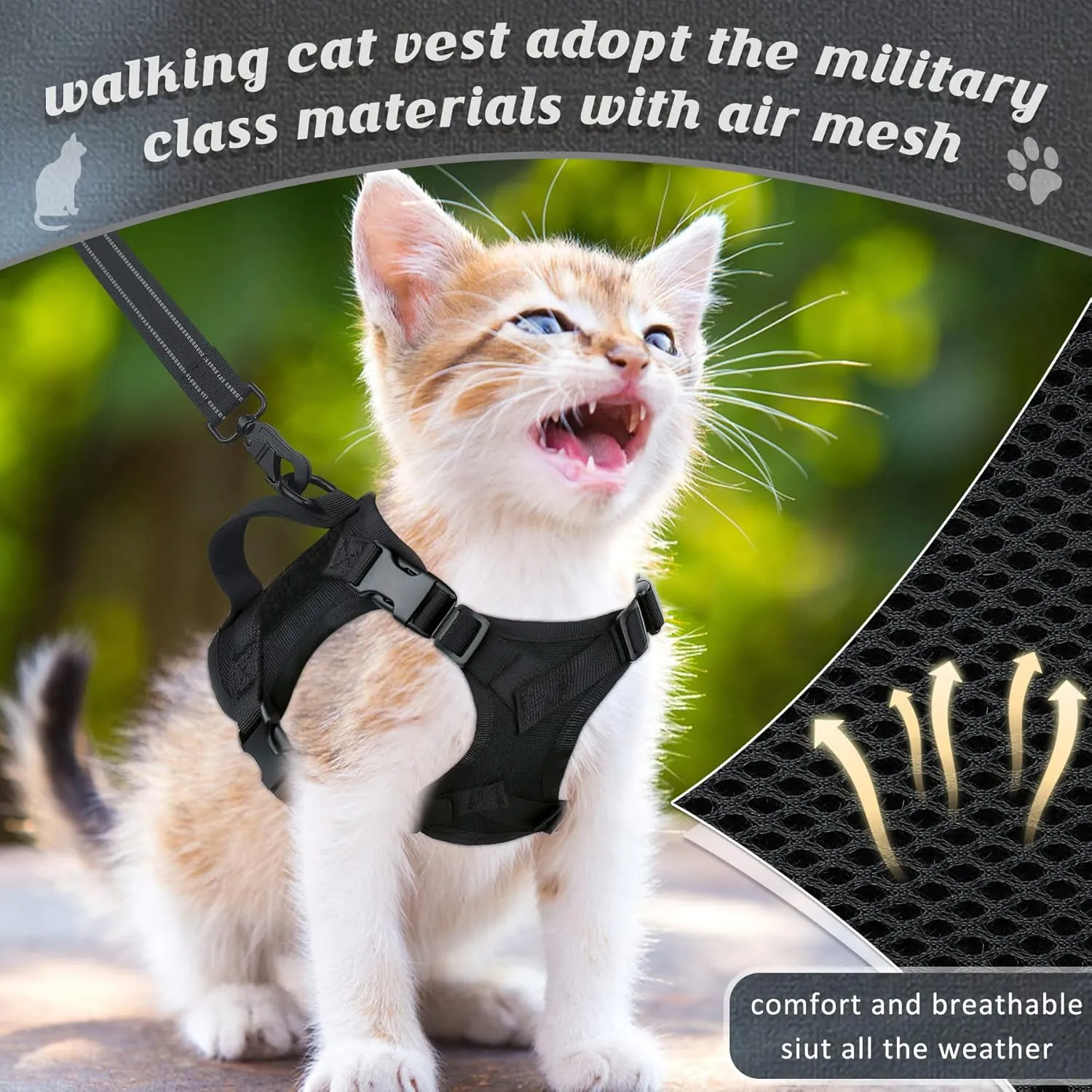 Cat Harness and Leash Set for Travel Training, no Pull Escape Soft Control Handle Tactical Vest for Puppy Kitten Small cat with ID tag,Adjustable snug Jacket Breathable air mesh Universal Anxiety