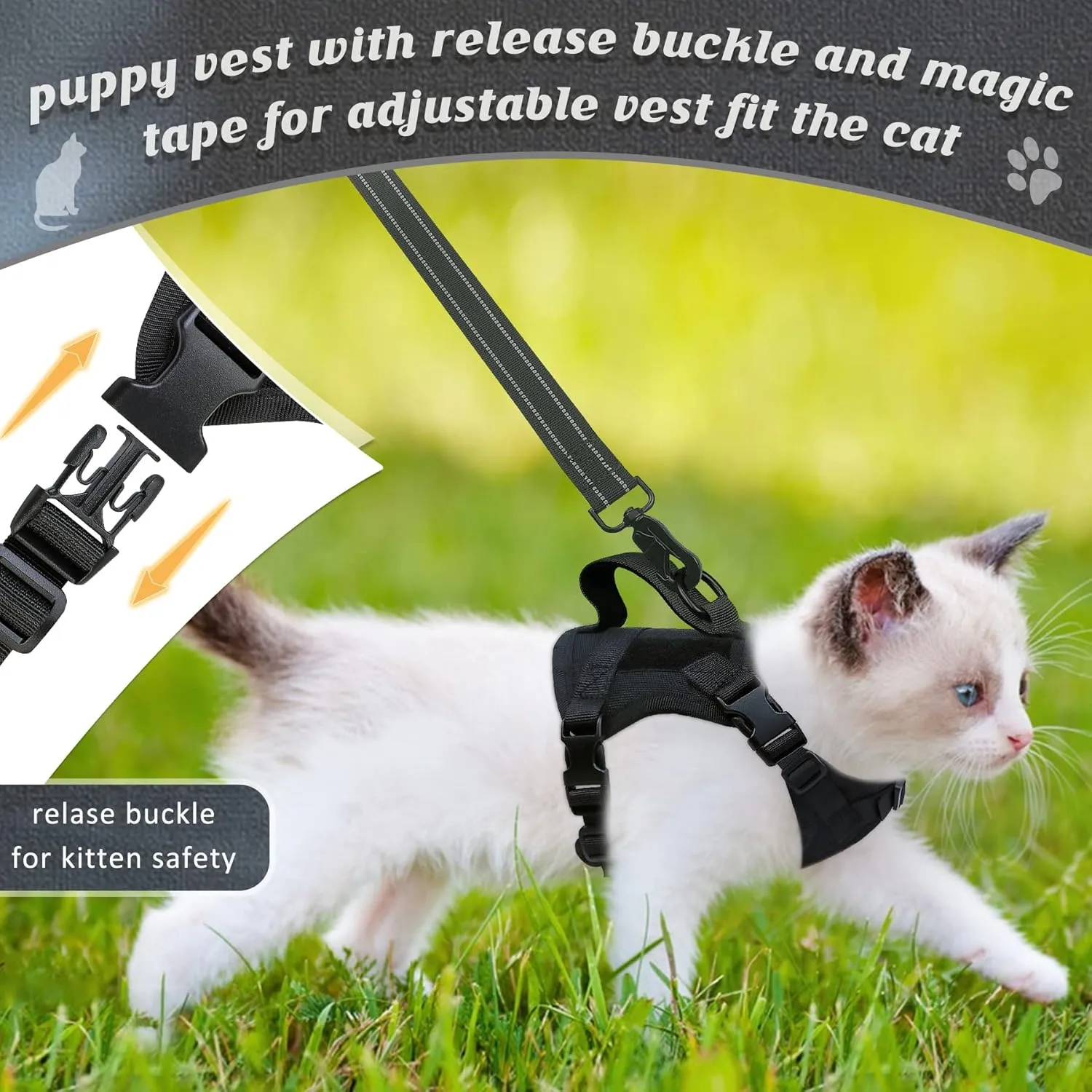 Cat Harness and Leash Set for Travel Training, no Pull Escape Soft Control Handle Tactical Vest for Puppy Kitten Small cat with ID tag,Adjustable snug Jacket Breathable air mesh Universal Anxiety
