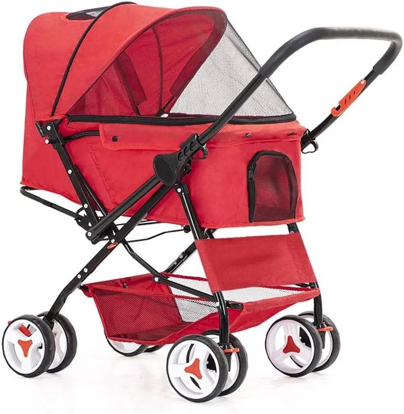 Cat/Dog Stroller Easy One-Hand Fold 4 Wheel Dog Strollers for Medium Small Dogs Reversible Push Handle Pet Stroller Puppy & Kitten Carrier Extended Cockpit (Red)