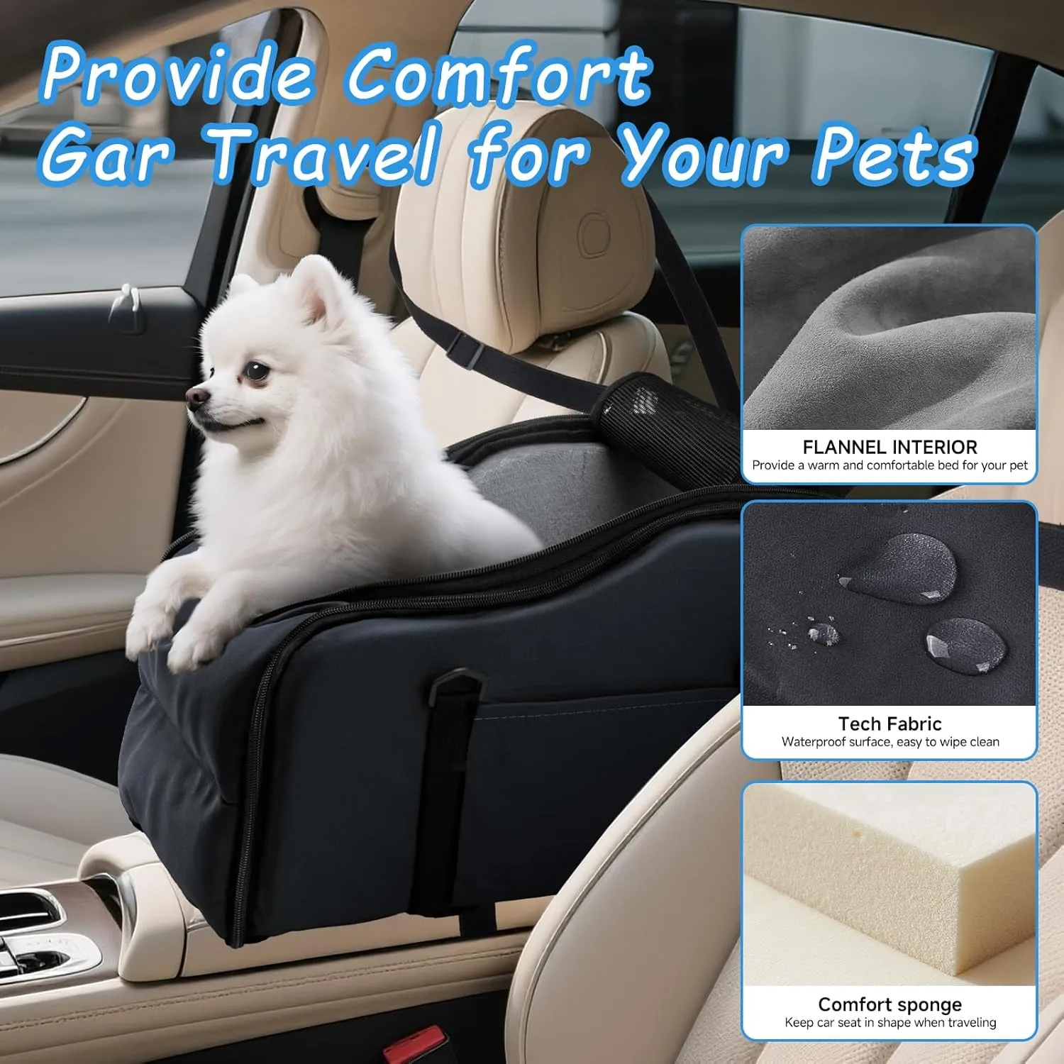 Center Console Dog Car Seat - Suitable for Small Dogs and Puppies Up to 12 lbs,Portable Armrest Booster with Safety Belt, Easy-Clean Technical Cloth,Safety Leash,Storage Bag,Multi-Function Pet Carrier