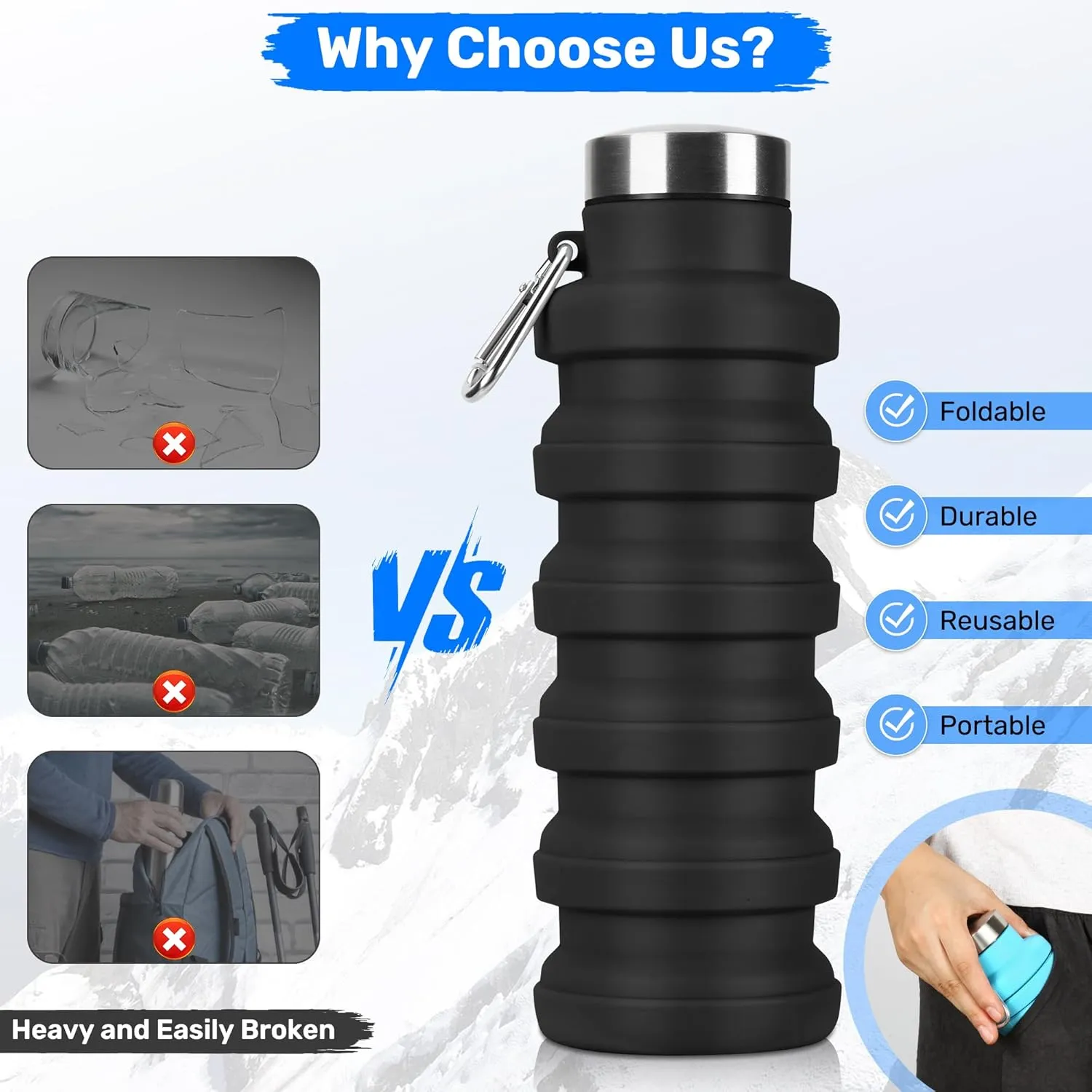 Collapsible Water Bottle, 16oz Portable Reusable Silicone Water Bottle, BPA-Free Leak-Proof Foldable Design with Carabiner, Lightweight Durable for Gym, Travel, Camping, Hiking, Sportsr-Pink