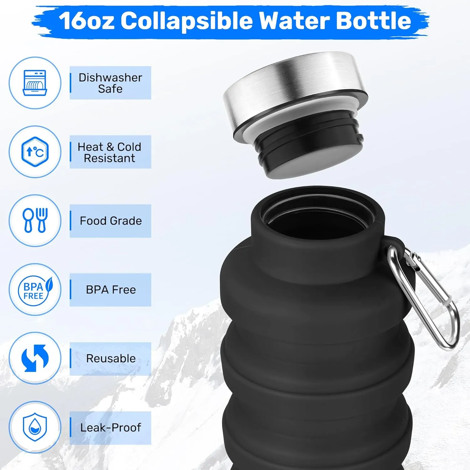 Collapsible Water Bottle, 16oz Portable Reusable Silicone Water Bottle, BPA-Free Leak-Proof Foldable Design with Carabiner, Lightweight Durable for Gym, Travel, Camping, Hiking, Sportsr-Pink