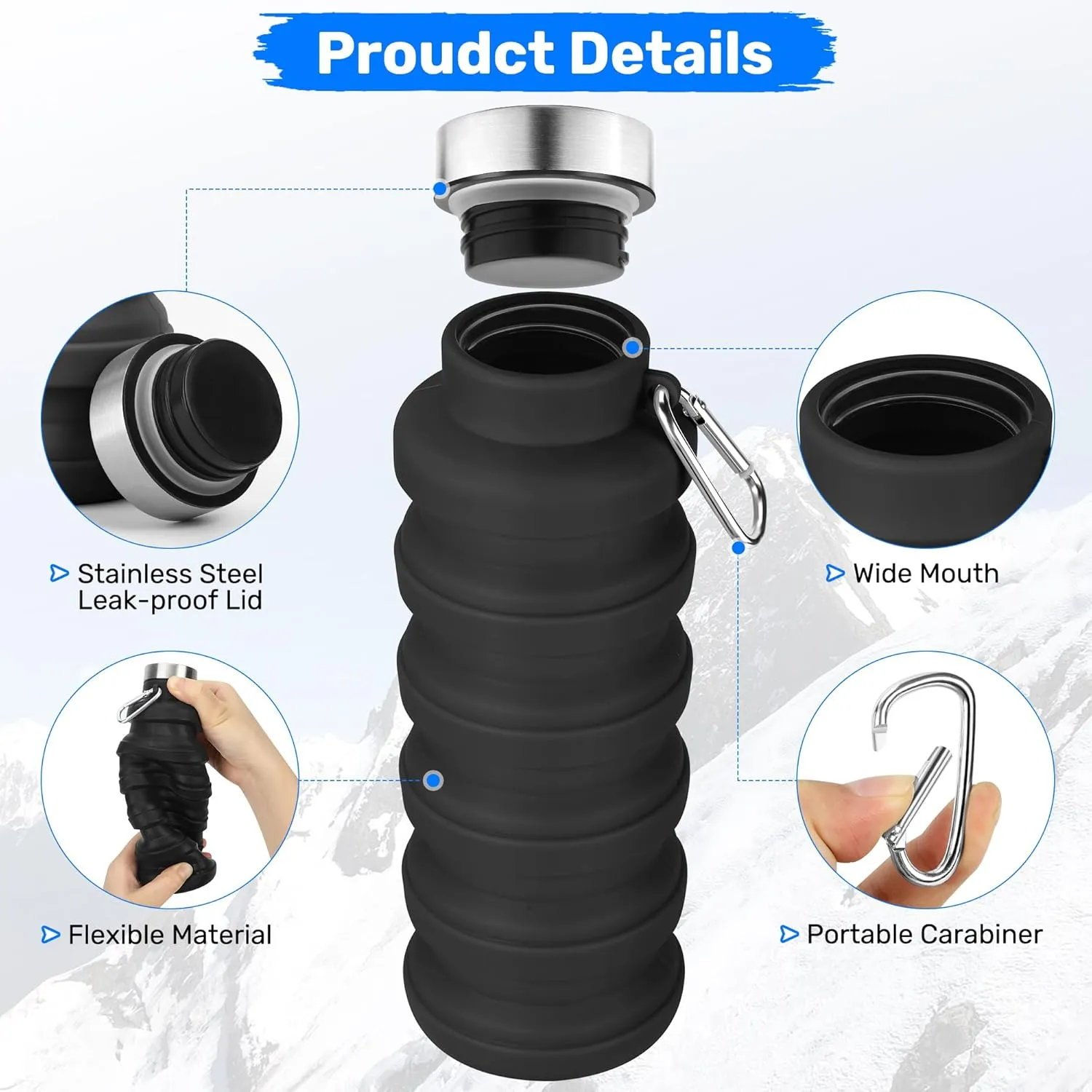Collapsible Water Bottle, 16oz Portable Reusable Silicone Water Bottle, BPA-Free Leak-Proof Foldable Design with Carabiner, Lightweight Durable for Gym, Travel, Camping, Hiking, Sportsr-Pink