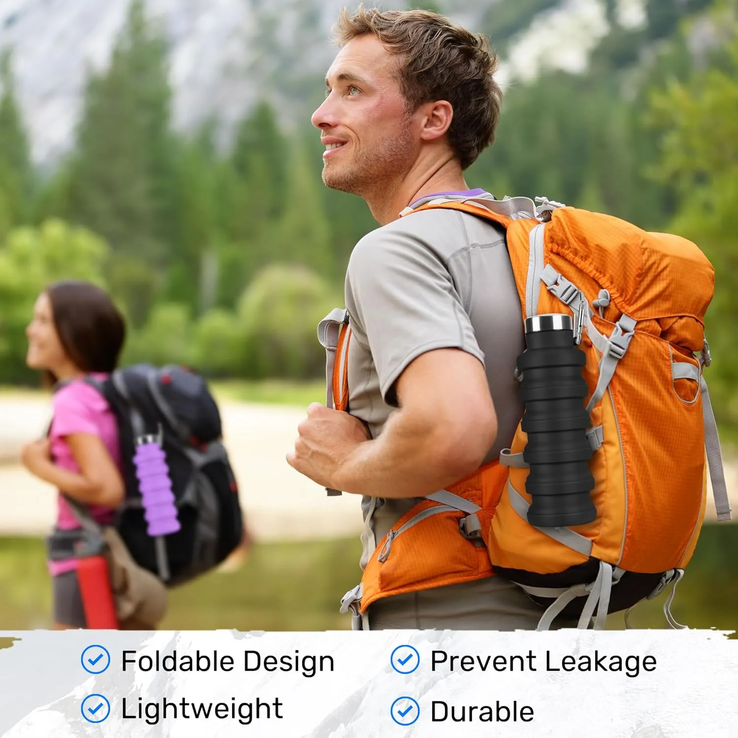 Collapsible Water Bottle, 16oz Portable Reusable Silicone Water Bottle, BPA-Free Leak-Proof Foldable Design with Carabiner, Lightweight Durable for Gym, Travel, Camping, Hiking, Sportsr-Pink