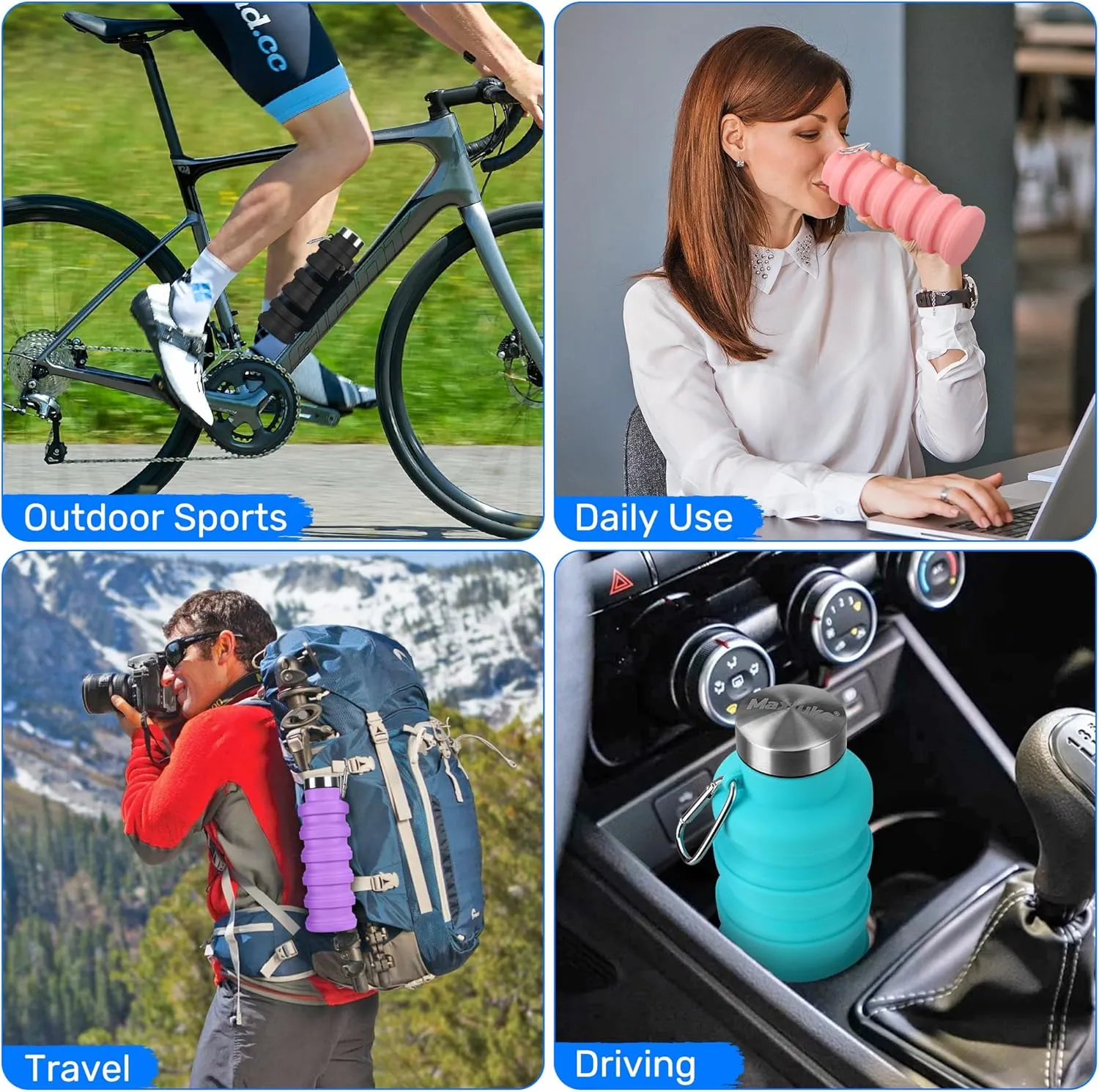 Collapsible Water Bottle, 16oz Portable Reusable Silicone Water Bottle, BPA-Free Leak-Proof Foldable Design with Carabiner, Lightweight Durable for Gym, Travel, Camping, Hiking, Sportsr-Pink