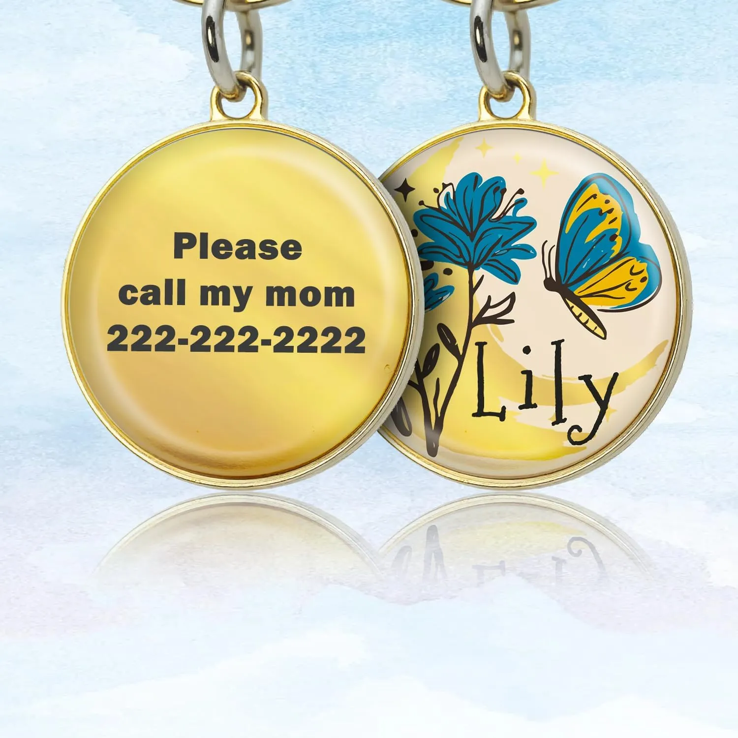 Customizable Reflective Waterproof Pet ID Tag with Engraved Name & Contact Info, Durable Rustproof Metal Lightweight Design for Dogs Cats, Gold & Silver Options (Butterfly)
