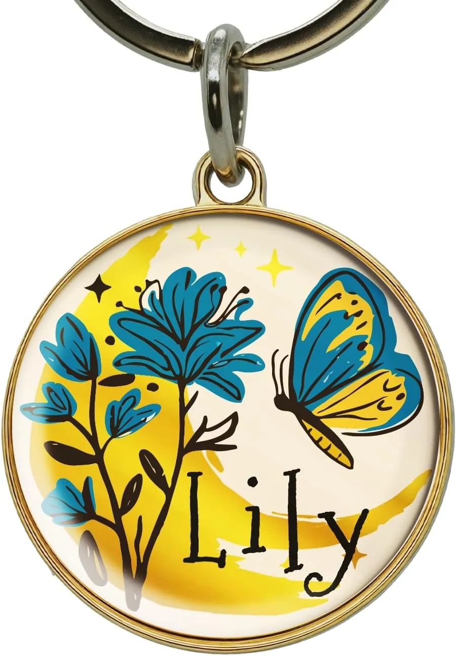 Customizable Reflective Waterproof Pet ID Tag with Engraved Name & Contact Info, Durable Rustproof Metal Lightweight Design for Dogs Cats, Gold & Silver Options (Butterfly)