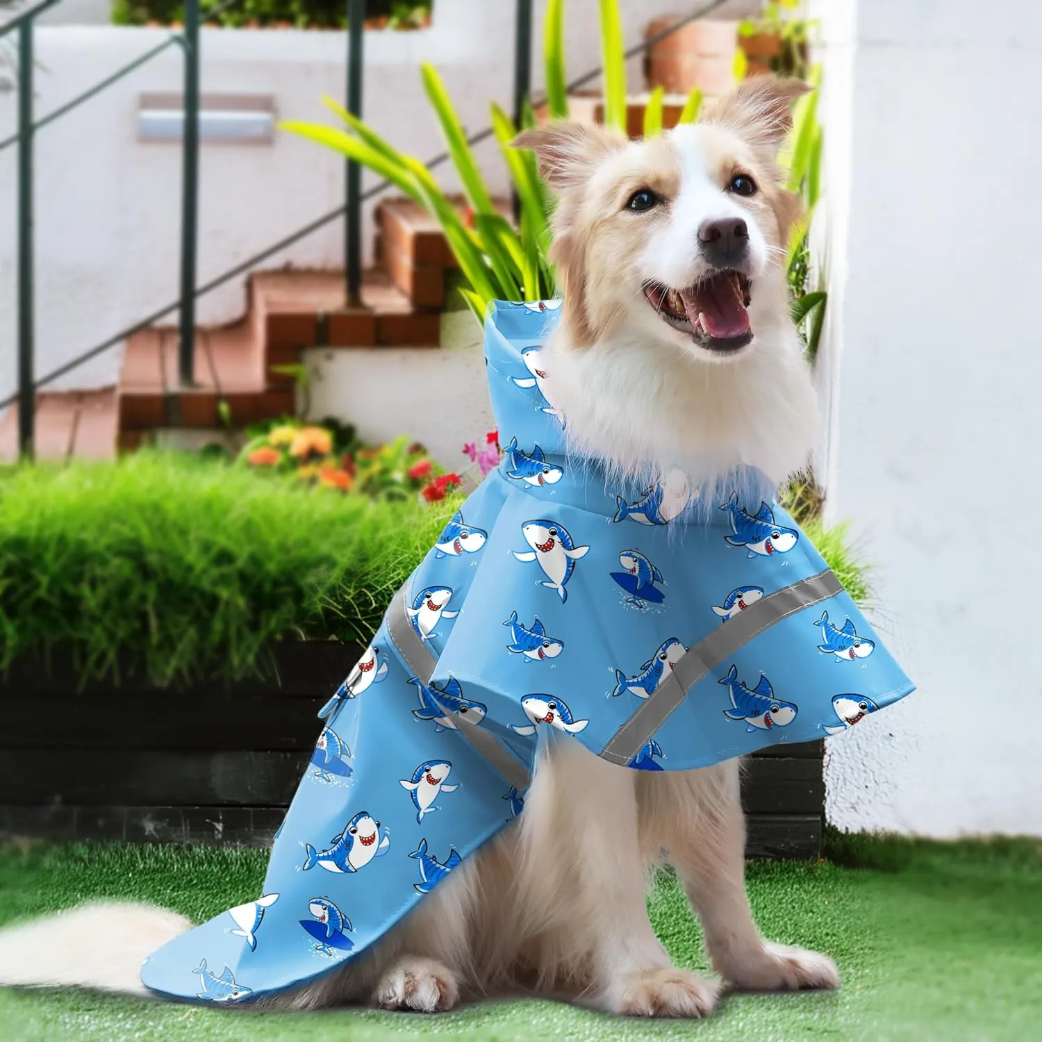 DELIFUR Large Dog Raincoat - Waterproof Dog Rain Poncho Adjustable Double Layer Rain Jacket with Hood for Medium Large Dogs Designed with Leash Hole Reflective Strip(Blue Shark, Large)