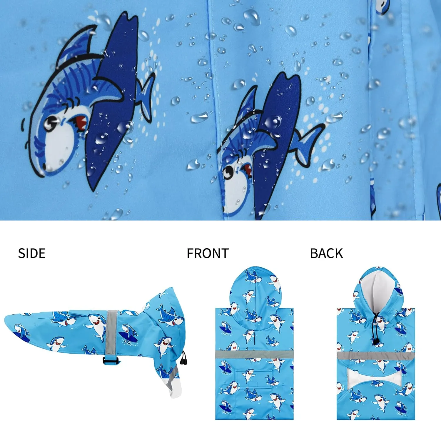 DELIFUR Large Dog Raincoat - Waterproof Dog Rain Poncho Adjustable Double Layer Rain Jacket with Hood for Medium Large Dogs Designed with Leash Hole Reflective Strip(Blue Shark, Large)