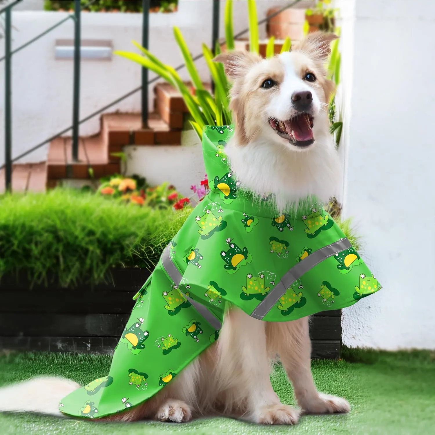 DELIFUR Large Dog Raincoat - Waterproof Dog Rain Poncho Adjustable Double Layer Rain Jacket with Hood for Medium Large Dogs Designed with Leash Hole Reflective Strip(Green Frog, Large)