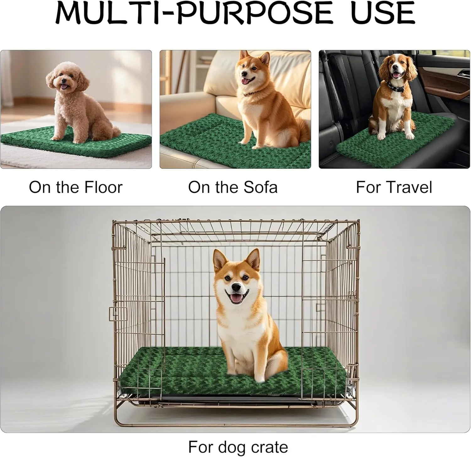 Dog Crate Bed Pad  Reversible Fleece Mat for Small, Medium, Large Dogs  Soft & Washable Anti-Slip Dog Bed Mat for Cages and Kennels  Comfortable, Durable Sleeping Pad for Dogs, Green, S
