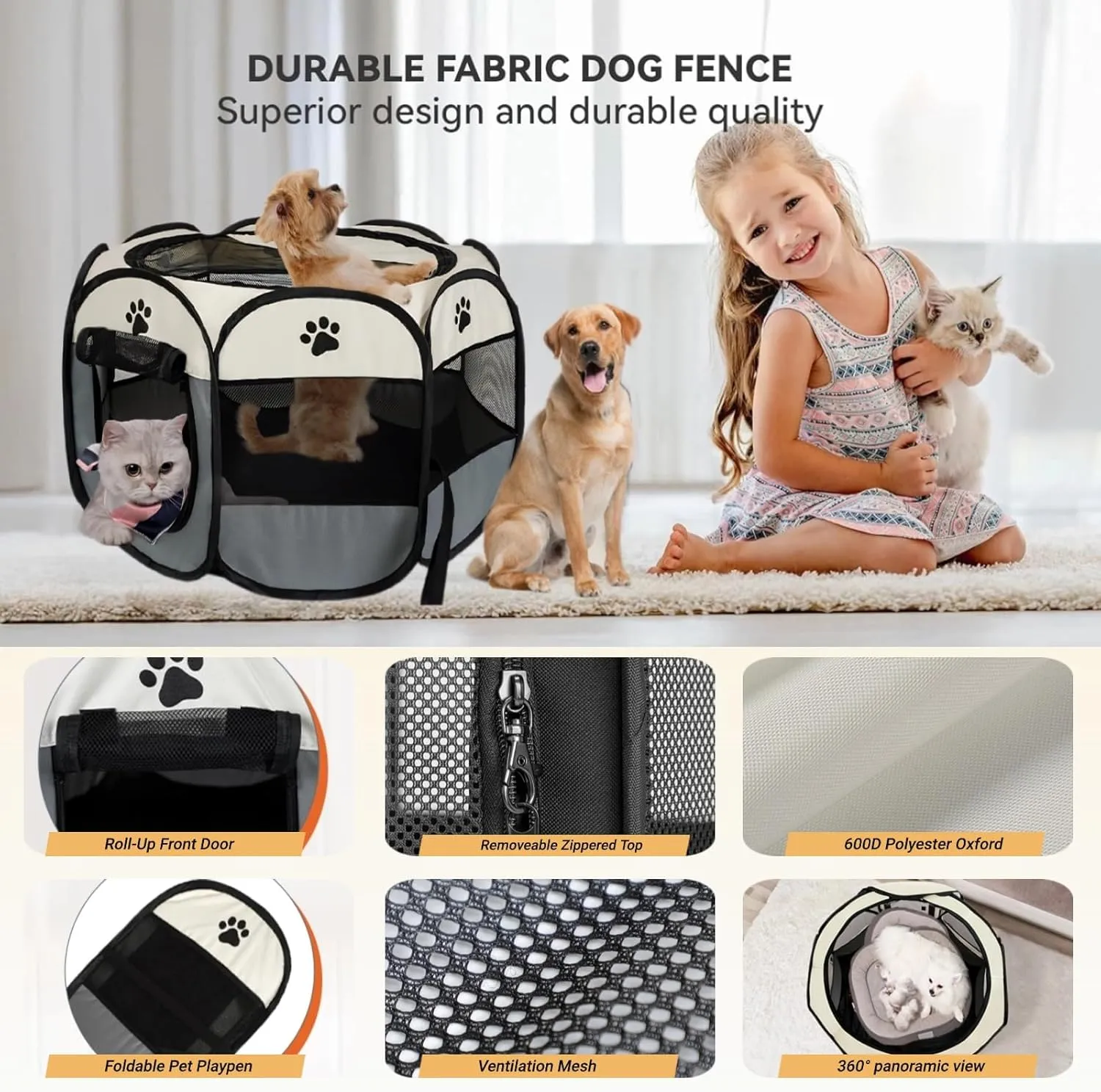 Dog Playpen, Puppy Pet Cat Playpen Indoor for Small Dogs Tent Crates Cage Indoor/Outdoor, Portable Pop Up Dog Kennel Playpen with for Dogs/Cats/Rabbits, Removable Zipper Top (Grey)