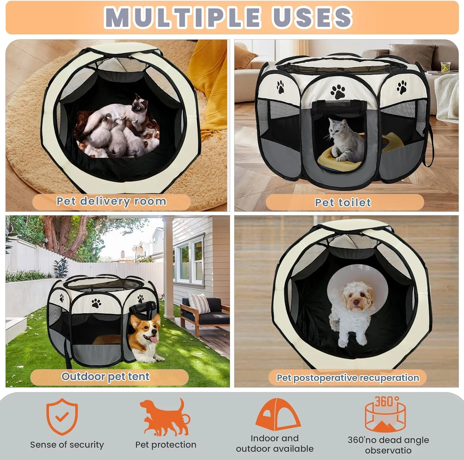 Dog Playpen, Puppy Pet Cat Playpen Indoor for Small Dogs Tent Crates Cage Indoor/Outdoor, Portable Pop Up Dog Kennel Playpen with for Dogs/Cats/Rabbits, Removable Zipper Top (Grey)