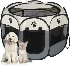 Dog Playpen, Puppy Pet Cat Playpen Indoor for Small Dogs Tent Crates Cage Indoor/Outdoor, Portable Pop Up Dog Kennel Playpen with for Dogs/Cats/Rabbits, Removable Zipper Top (Grey)