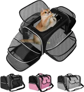 Estarer Soft Sided Pet Carrier Airline Approved, 4 Sides Expandable Collapsible Cat Carrier with Pockets & Removable Fleece Pad, Travel Carrier Bag for Cat Dog & Small Animals (Black)