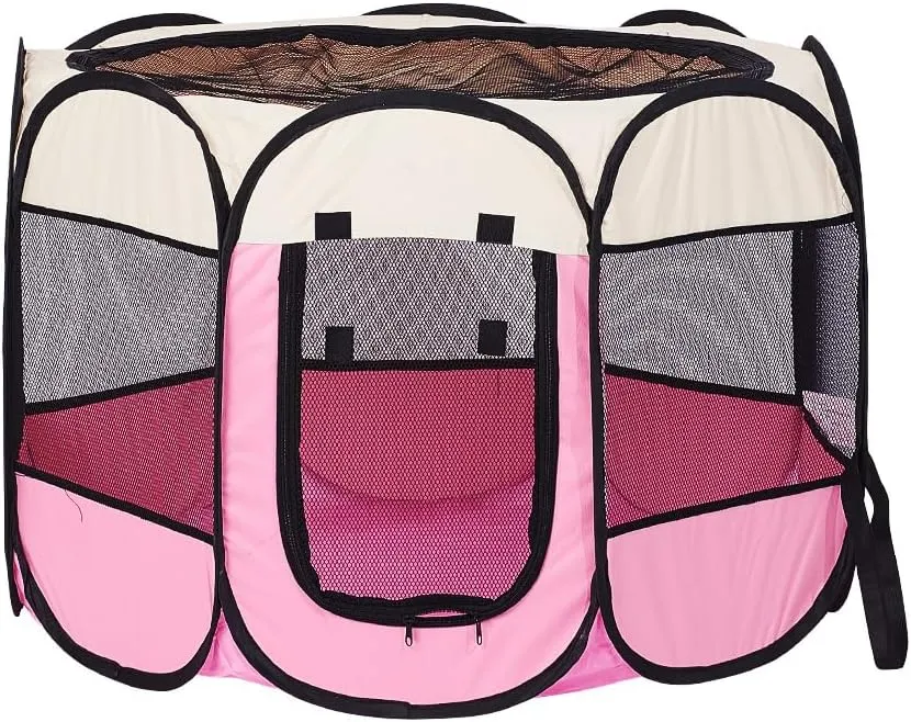 Foldable Pet Dog Playpen, Pop Up Portable Cat Playpen, Indoor/Outdoor for Kitten Puppy Play Pen, Cats Crate Tent with Carrying Bag, 600D Oxford (Beige   Pink, Medium, 8)