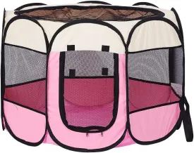 Foldable Pet Dog Playpen, Pop Up Portable Cat Playpen, Indoor/Outdoor for Kitten Puppy Play Pen, Cats Crate Tent with Carrying Bag, 600D Oxford (Beige   Pink, Medium, 8)