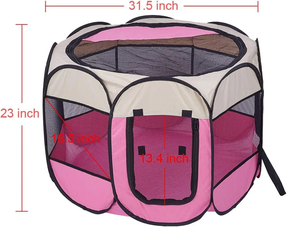 Foldable Pet Dog Playpen, Pop Up Portable Cat Playpen, Indoor/Outdoor for Kitten Puppy Play Pen, Cats Crate Tent with Carrying Bag, 600D Oxford (Beige   Pink, Medium, 8)