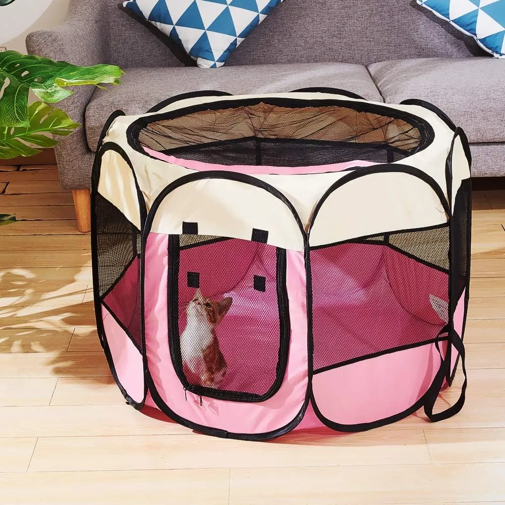 Foldable Pet Dog Playpen, Pop Up Portable Cat Playpen, Indoor/Outdoor for Kitten Puppy Play Pen, Cats Crate Tent with Carrying Bag, 600D Oxford (Beige   Pink, Medium, 8)