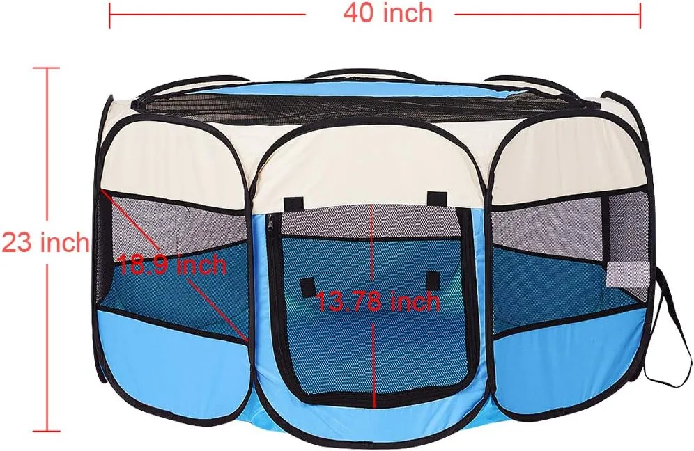 Foldable Pet Dog Playpen, Pop Up Portable Cat Playpen, Indoor/Outdoor for Kitten Puppy Play Pen, Cats Crate Tent with Carrying Bag, 600D Oxford (Sky Blue   Beige, Large, 8)