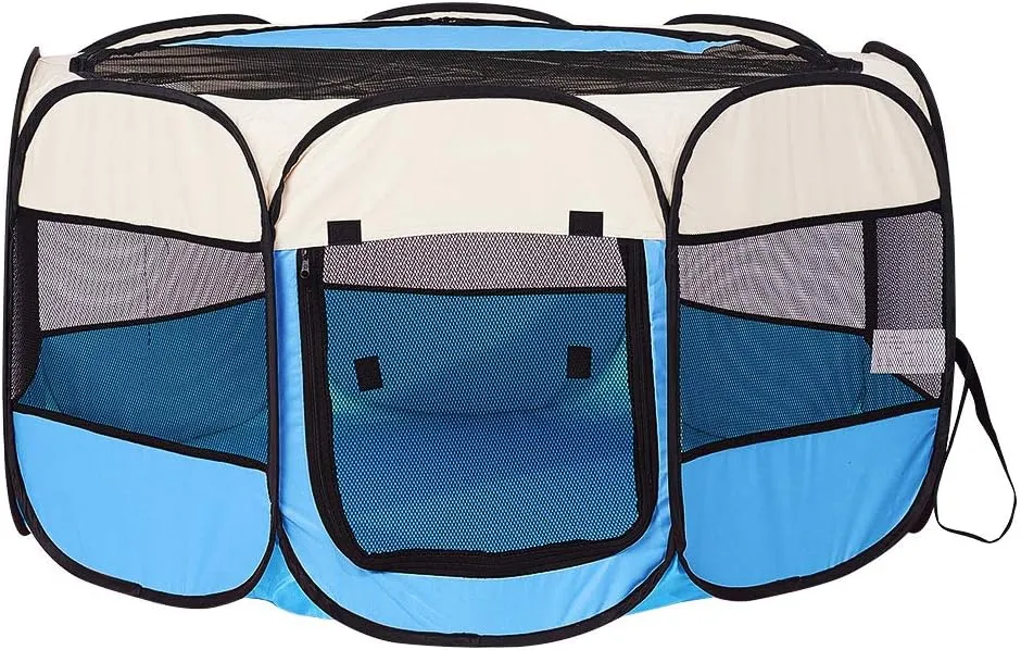 Foldable Pet Dog Playpen, Pop Up Portable Cat Playpen, Indoor/Outdoor for Kitten Puppy Play Pen, Cats Crate Tent with Carrying Bag, 600D Oxford (Sky Blue   Beige, Large, 8)