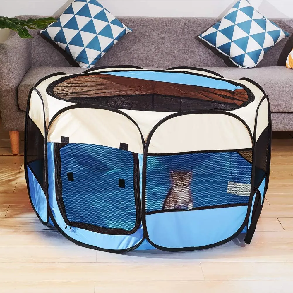 Foldable Pet Dog Playpen, Pop Up Portable Cat Playpen, Indoor/Outdoor for Kitten Puppy Play Pen, Cats Crate Tent with Carrying Bag, 600D Oxford (Sky Blue   Beige, Large, 8)