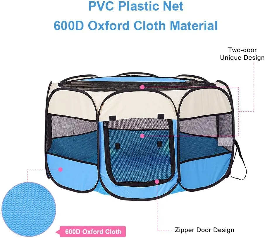 Foldable Pet Dog Playpen, Pop Up Portable Cat Playpen, Indoor/Outdoor for Kitten Puppy Play Pen, Cats Crate Tent with Carrying Bag, 600D Oxford (Sky Blue   Beige, Large, 8)