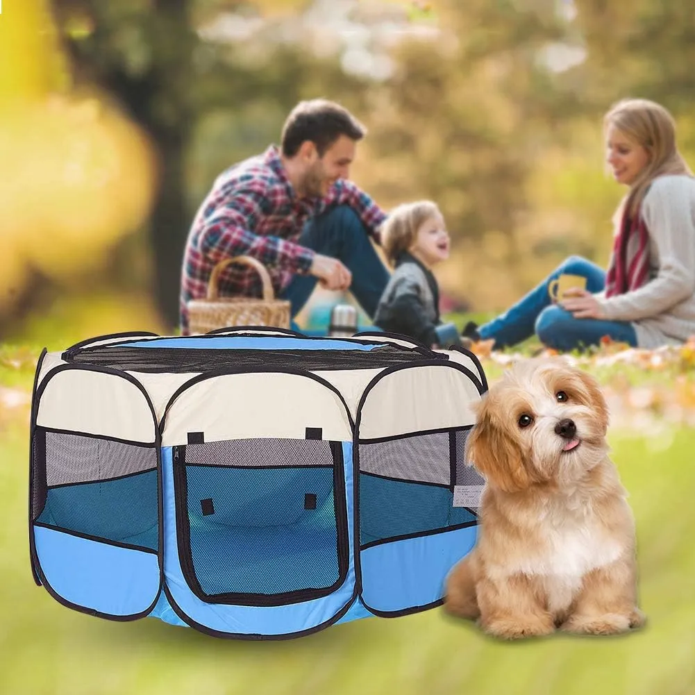 Foldable Pet Dog Playpen, Pop Up Portable Cat Playpen, Indoor/Outdoor for Kitten Puppy Play Pen, Cats Crate Tent with Carrying Bag, 600D Oxford (Sky Blue   Beige, Large, 8)