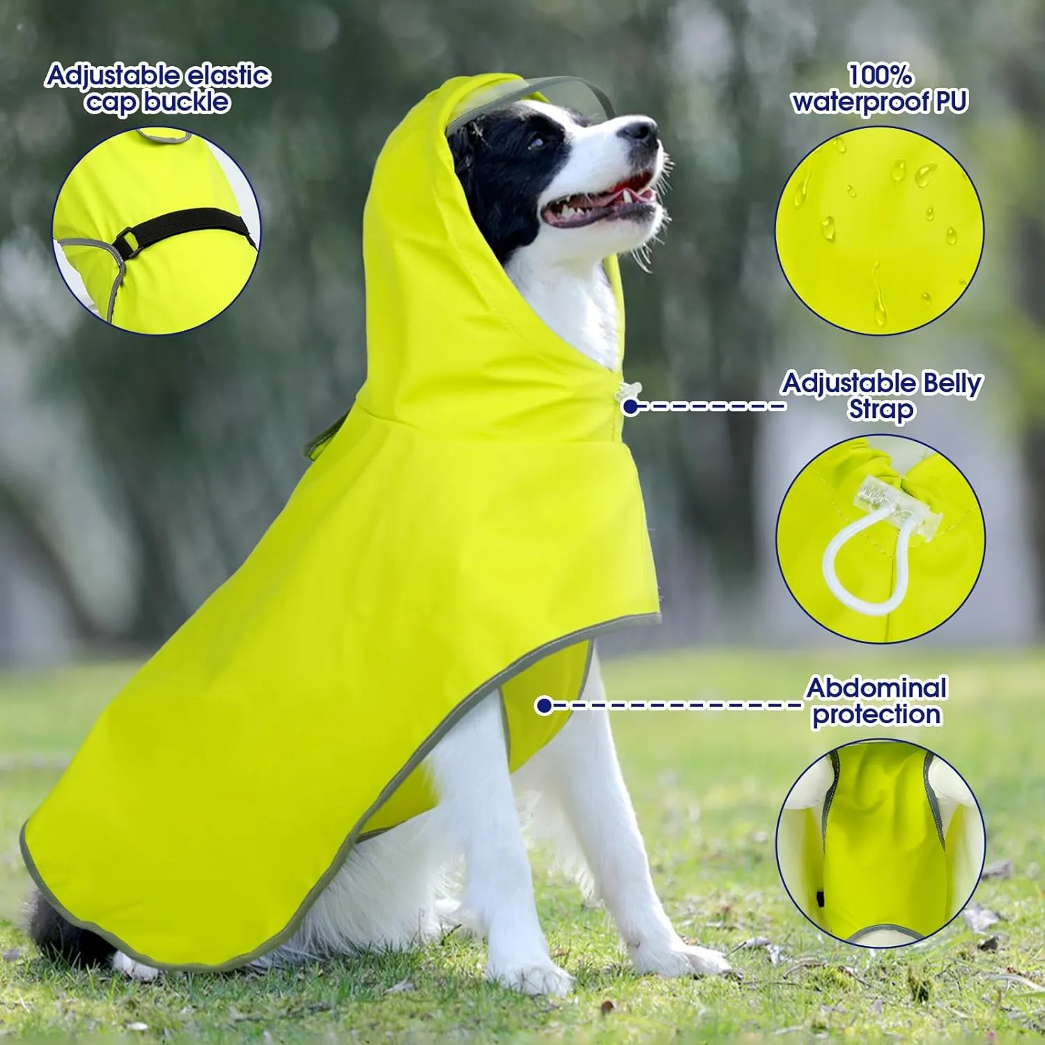 FUAMEY Dog Raincoat Pet Waterproof, Lightweight Rain Jacket Belly Protection, Reflective Rain Coat for Dogs Clear Hooded Rain Poncho with Leash Hole, Border Collie (Yellow, XL)