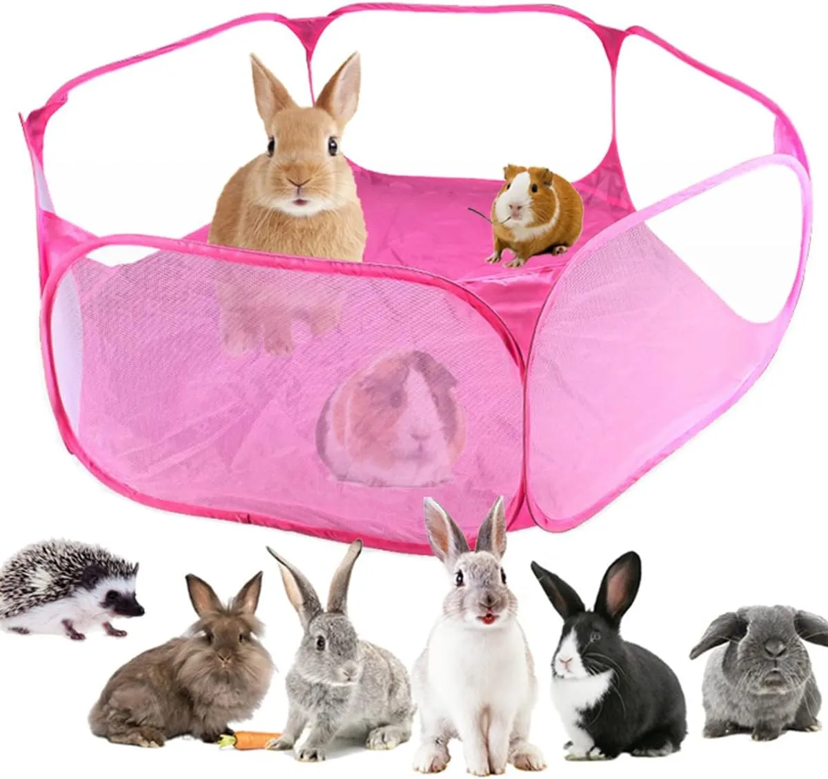Guinea Pig Playpen Rabbit Cage Breathable & Transparent Small Animal Cage, Pop Open Outdoor/Indoor Exercise Fence, Portable Yard Fence for Guinea Pig, Rabbit, Hamster, Chinchilla, Hedgehog (Pink)
