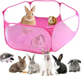 Guinea Pig Playpen Rabbit Cage Breathable & Transparent Small Animal Cage, Pop Open Outdoor/Indoor Exercise Fence, Portable Yard Fence for Guinea Pig, Rabbit, Hamster, Chinchilla, Hedgehog (Pink)