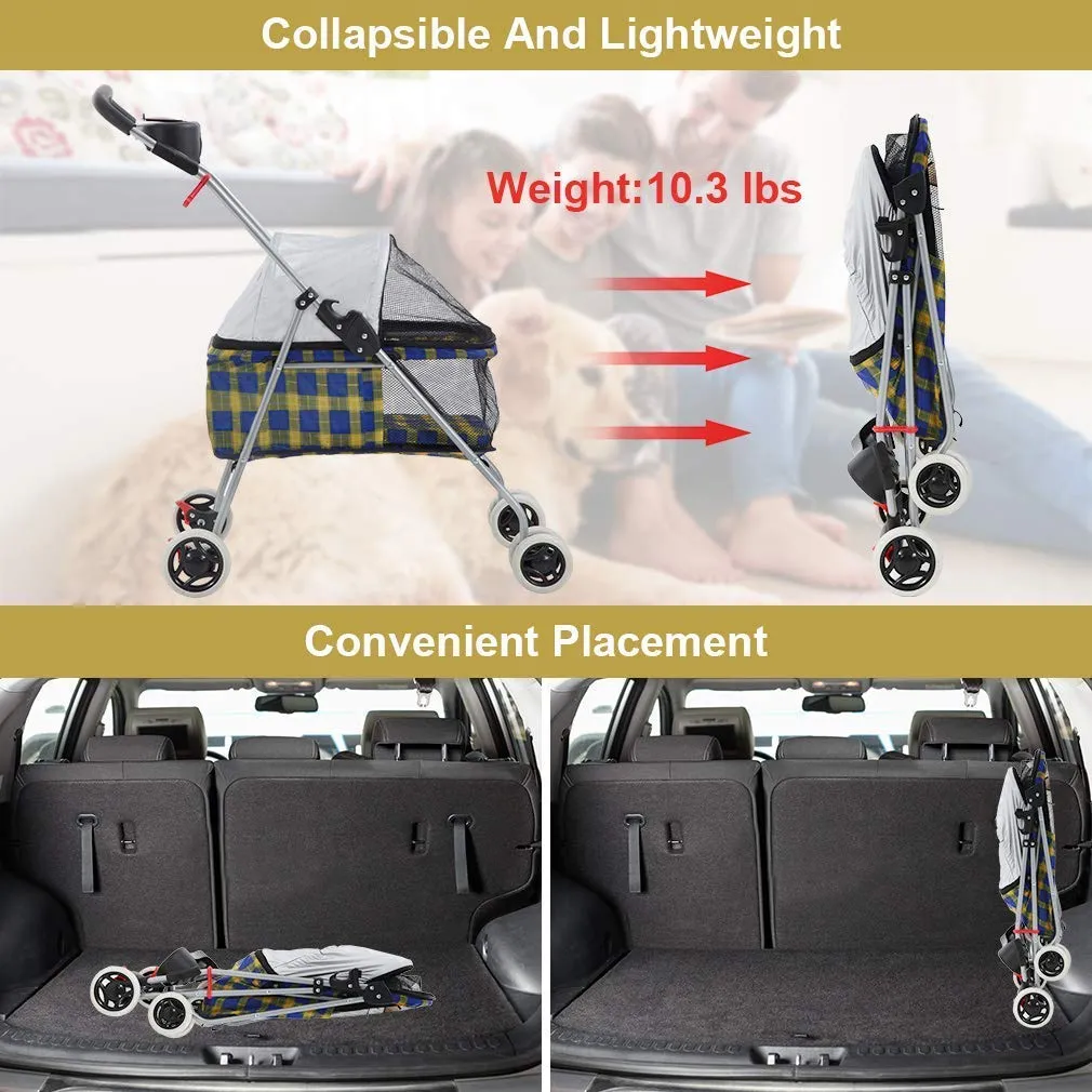 HGS Pet Cat Dog Stroller 4 Wheels Jogger Puppy Travel Carrier Portable Doggie Cage Strolling Cart with Cup Holders, 35Lbs Capacity Folding Waterproof for Medium Dogs Cats Pet, Yellow Plaid