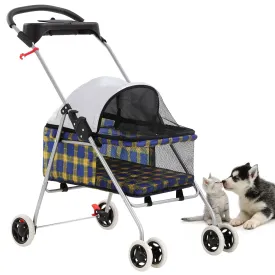 HGS Pet Cat Dog Stroller 4 Wheels Jogger Puppy Travel Carrier Portable Doggie Cage Strolling Cart with Cup Holders, 35Lbs Capacity Folding Waterproof for Medium Dogs Cats Pet, Yellow Plaid