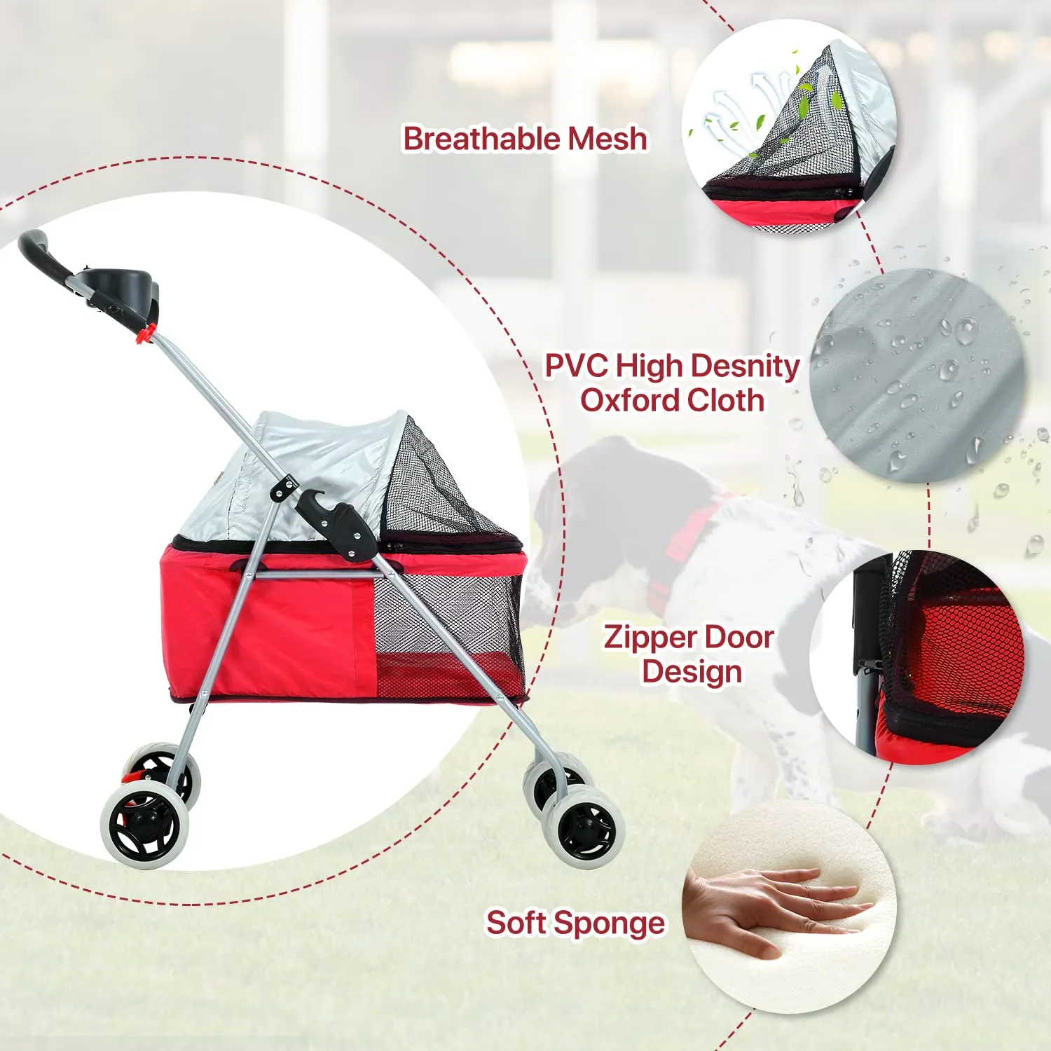 HGS Pet Cat Dog Stroller 4 Wheels Jogger Puppy Travel Carrier Portable Doggie Cage Strolling Cart with Cup Holders, 35Lbs Capacity Folding Waterproof Strolling Cart for Medium Dogs Cats Pet, Red