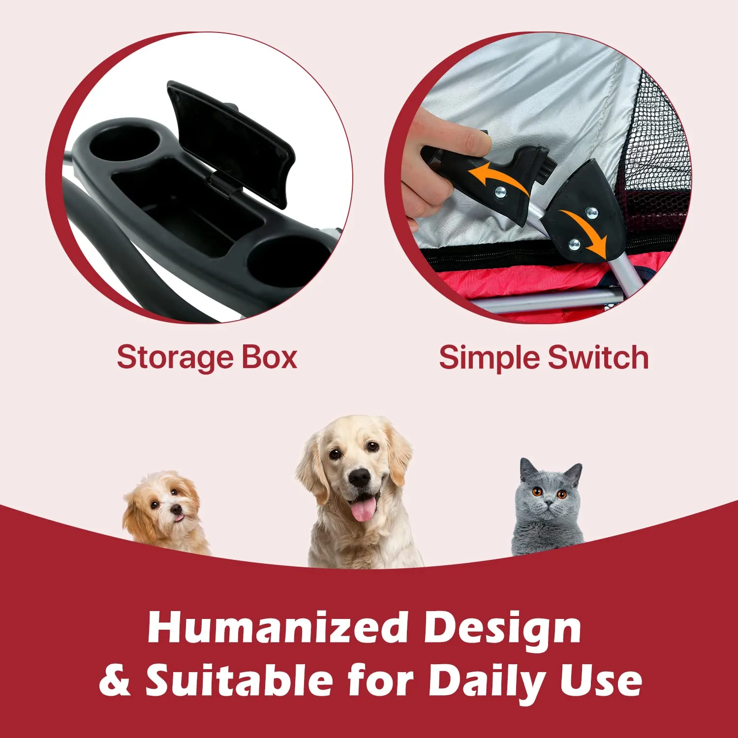 HGS Pet Cat Dog Stroller 4 Wheels Jogger Puppy Travel Carrier Portable Doggie Cage Strolling Cart with Cup Holders, 35Lbs Capacity Folding Waterproof Strolling Cart for Medium Dogs Cats Pet, Red