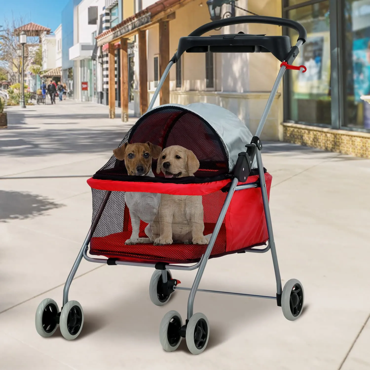 HGS Pet Cat Dog Stroller 4 Wheels Jogger Puppy Travel Carrier Portable Doggie Cage Strolling Cart with Cup Holders, 35Lbs Capacity Folding Waterproof Strolling Cart for Medium Dogs Cats Pet, Red