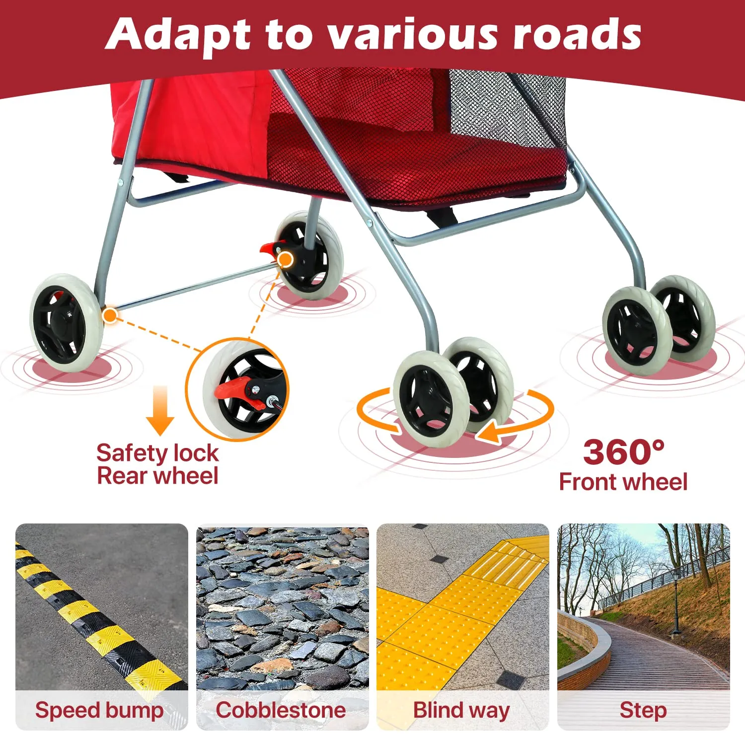 HGS Pet Cat Dog Stroller 4 Wheels Jogger Puppy Travel Carrier Portable Doggie Cage Strolling Cart with Cup Holders, 35Lbs Capacity Folding Waterproof Strolling Cart for Medium Dogs Cats Pet, Red